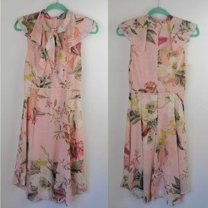 Cooper St Pink Floral Swiss Dot Frill Sleeve Neck Tie Midi Dress sz 4